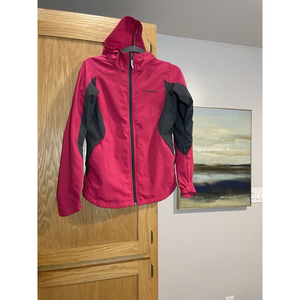 Columbia Kids Pink Gray Full Zip Hooded Softshell Jacket L 14/16 RN69724 CA05367